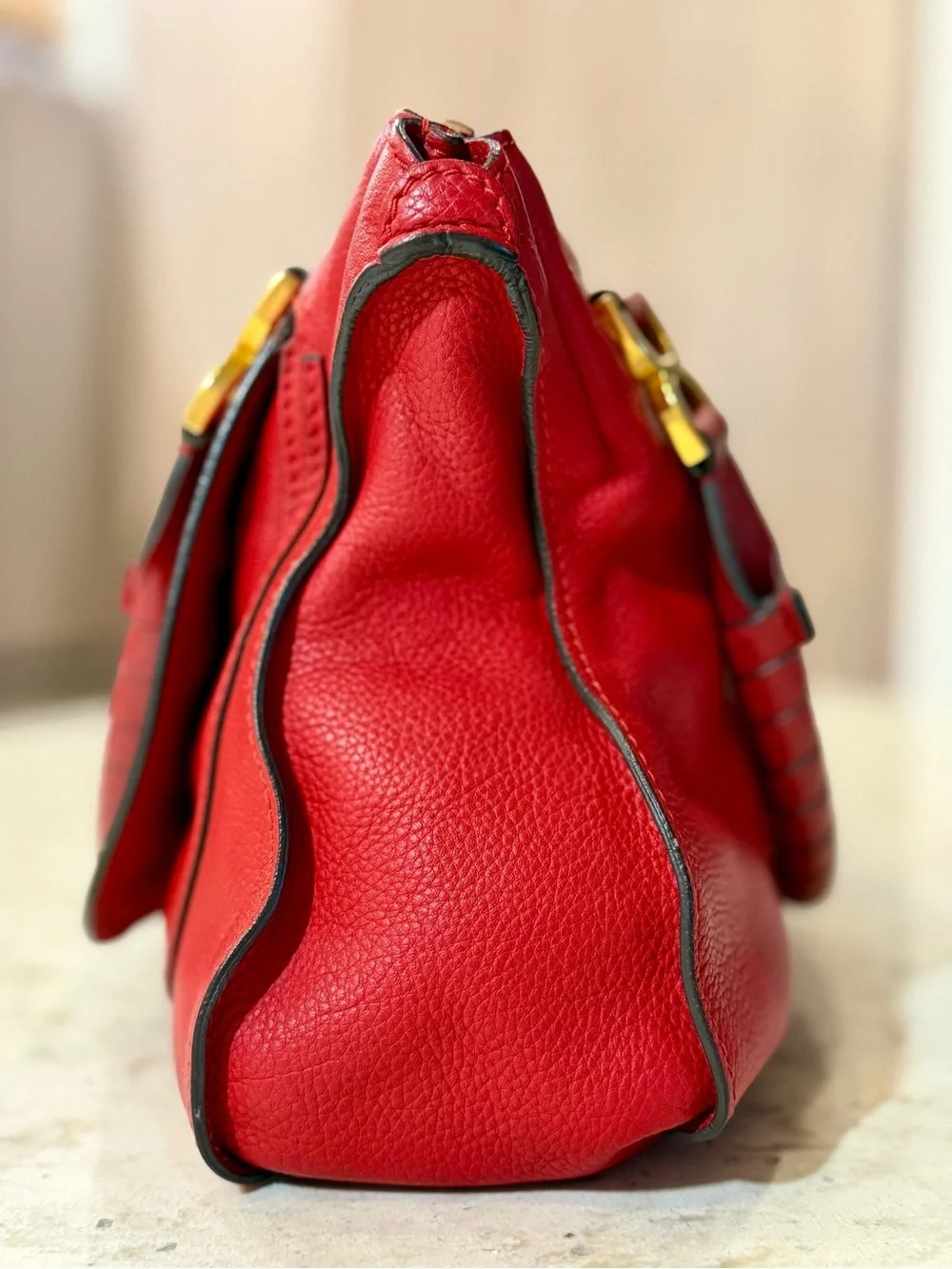 Chloé Large Marcie Satchel Double Carry Bag Red Grained Leather